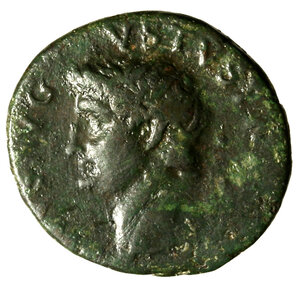 obverse: TIBERIO (14-37) Asse. D/ Testa rad. di Augusto a sn. R/ Aquila ad ali aperte stante su globo. AE (g. 10,5 mm. 27) C. 247.; RIC 82.     RARO    patina verde BB