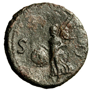 reverse: NERONE (54-68) Asse per Roma. D/ Testa laur. a ds. R/ Vittoria alata in volo con scudo verso sn. AE (g. 10,27 mm. 26) C. 288, RIC 312. +BB