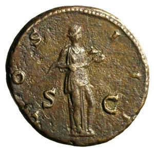 reverse: ADRIANO (117-138) Asse. HADRIANVS AVG COS III PP Testa laur. a ds. R/ SALVS AVG, Salus seduta a sn. offre il contenuto di una patera a un serpente avvolto intorno ad un altare. (g. 13,50) C. ; RIC . AE     MOLTO RARO patina verde chiaro     +BB