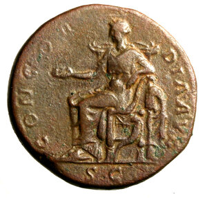 reverse: SABINA (moglie di Adriano) Sesterzio. D/ Busto diad. a ds. R/ Concordia seduta a sn. AE (g. 22,32 mm. 32) C. 21; RIC 1025. RARO   BB