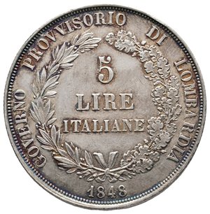 obverse: GOVERNO PROVVISORIO LOMBARDIA - 5 Lire argento 1848 ECCELSA