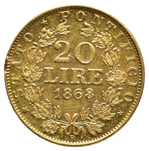 obverse: STATO PONTIFICIO - Pio IX - 20 Lire oro 1868 Danneggiata ex montatura