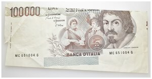 obverse: 100.000 Lire Caravaggio 1° Tipo RARA  ERRORE DI TAGLIO