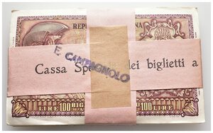 obverse: MAZZETTA 100 Pezzi 100 Lire  Elmata 1951 FDS pieghe nella prime banconote