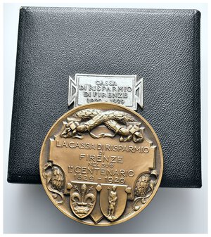 reverse: Medaglia Centenario Cassa di Risparmio di Firenze 1929 - opus Johnson - bronzo - diam.60 mm - in scatola originale