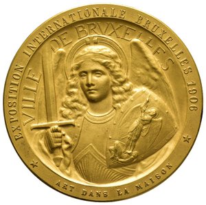 reverse: Medaglia Esposizione Internazionale Bruxelles 1906 - bronzo dorato - diam.60 mm - scatola originale ECCEZIONALE