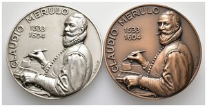 obverse: Claudio Merulo da Correggio - coppia di medaglie (Argento 100  gr + Bronzo) 1983- diam.60 mm - IN SCATOLA ORIGINALE
tiratura 82 pezzi per quella in argento