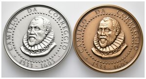 obverse: Camillo da Correggio - coppia di medaglie (Argento 100  gr + Bronzo) 1996- diam.60 mm - IN SCATOLA ORIGINALE
tiratura 100 pezzi per quella in argento