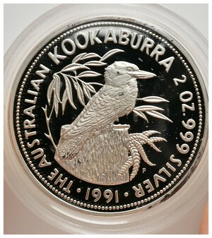 obverse: AUSTRALIA -  Elisabetta II - 10 Dollars argento 1991 Kookaburra   2 OZ Argento VERSIONE PROOF RARA , in scatola senza garanzia