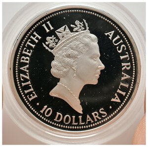 reverse: AUSTRALIA -  Elisabetta II - 10 Dollars argento 1991 Kookaburra   2 OZ Argento VERSIONE PROOF RARA , in scatola senza garanzia