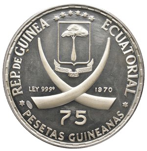 reverse: GUINEA EQUATORIALE - 75 Pesetas argento Gandhi 1970 PROOF