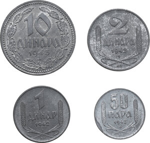 reverse: Serbia. Serbia under German Occupation (1941-1944). 2 dinara 1942, dinar 1942, 50 para 1942 and 10 dinara 1943, Budapest mint