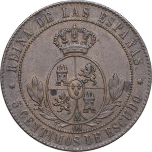 reverse: Spain. Isabella II (1833-1868). 5 centimos de escudo 1867