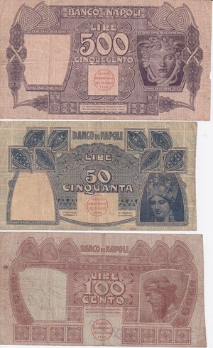 obverse: Banco di Napoli. Decreto 30 Luglio 1896. Lotto di 3 biglietti: 50, 100, 500 lire