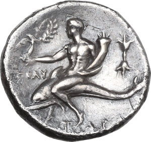 reverse: Southern Apulia, Tarentum. AR Nomos, c. 280-272 BC. Time of Pyrrhos of Epiros. Gu-, Sostratos, and Poly-, magistrates
