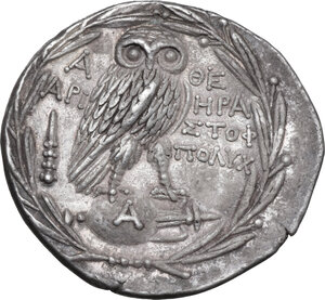 reverse: Attica, Athens. AR Tetradrachm. New Style coinage. Hera–, Aristoph–, and Polych–, magistrates. Struck 165/42 BC