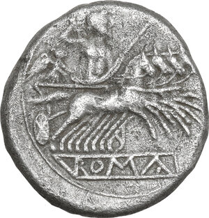 reverse: Anonymous. AR Debased Quadrigatus, Capua, early 215 BC