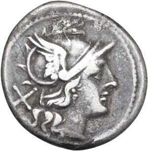 obverse: Rostrum tridens second series. AR Denarius, Capua, 204 BC
