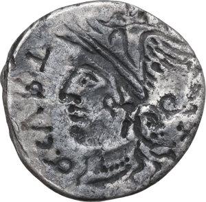 reverse: Q. Curtius and M. Silanus. AR Brockage Denarius, 116 or 115 BC