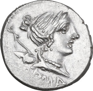 obverse: C. Publicius Malleolus, A. Postumius Sp. f. Albinus and L. Metellus. AR Denarius, late 90s BC