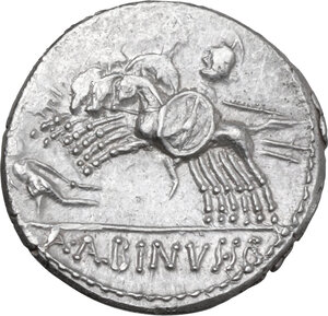 reverse: C. Publicius Malleolus, A. Postumius Sp. f. Albinus and L. Metellus. AR Denarius, late 90s BC