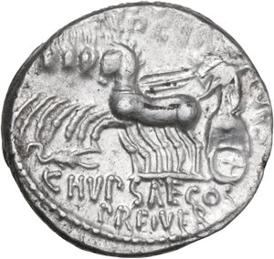 reverse: M. Aemilius Scaurus with Pub. Plautius Hypsaeus.. AR Denarius, 58 BC