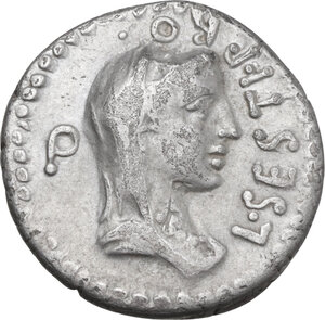 obverse: Quintus Servilius Caepio Brutus and L. Sestius. AR Denarius, mint moving with Brutus, 43-42 BC