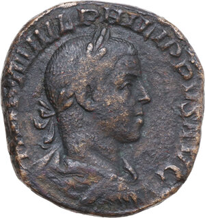 obverse: Philip II (246-249). AE Sestertius, Ludi Saeculares issue, commemorating the 1000th anniversary of Rome, 248 AD