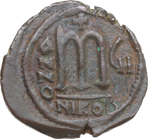 reverse: Tiberius II Constantine (578-582). AE Follis. Nicomedia mint, 2nd officina. Dated RY 7 (580/1)