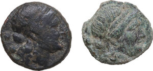 obverse: Greek World. Lot of two (2) AE coins from Paestum (Head of Ceres / Boar)
