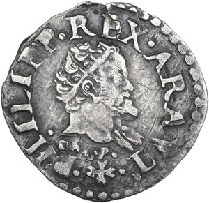 obverse: Napoli. Filippo II di Spagna (1556-1598). Mezzo carlino o zanetta con sigla GR VP (Germano Ravaschieri maestro di zecca e Vincenzo Porzio maestro di prova) sotto la testa