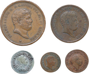 obverse: Napoli. Lotto di cinque (5) monete: 10 grana 1791, 10 tornesi 1857, 5 tornesi 1848, tonese 1859, mezzo tornese 1838