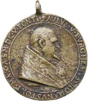 obverse: Paolo V (1605-1621), Camillo Borghese di Roma. Medaglia 1605 per la posa della prima pietra nella Cappella Borghese della Basilica di Santa Maria Maggiore