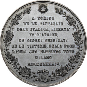 reverse: Milano. Medaglia 1884, per il quarantesimo anniversario delle cinque giornate di Milano. La città di Milano dedica alla città di Torino