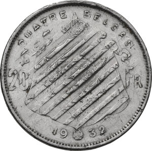 obverse: Belgium. Albert I (1909-1934). 20 francs 1932 cancelled issue during Nazi occupation, with waffle pattern on obverse and raised bars on reverse