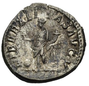 reverse: GETA (209-211). Roma. Denario. AR (3,09 g). D/ P SEPT GETA PIVS AVG BRIT, testa laureata a destra; R/ LIBERALITAS AVG V, Liberalitas, stante, regge abaco e cornucopia. RIC IV 89. mBB. nr.reg.601/24