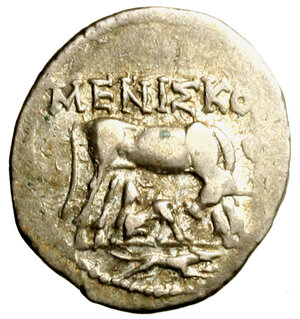 obverse: ILLIRIA. Philota and Meniskos magistrati, magistrates (ca. 80-55 aC) Dracma per Dyrrachium. Mucca stante a ds. che allatta un vitello; sopraa, MENIΣKOΣ; in esergo, cane in corsa verso ds. R/ Doppio motivo stellato in doppio quadrangolo; ΔYP sopra, ΦI-ΛΩ-TA intorno. HGC 3, 40. (g. 3,41)  AR    