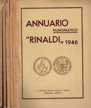 obverse: RINALDI A. - Annuario numismatico Rinaldi. 1946 - 1950. completo. 5 volumi ril ed  sciupate, con ill. nel testo. molto raro completo.