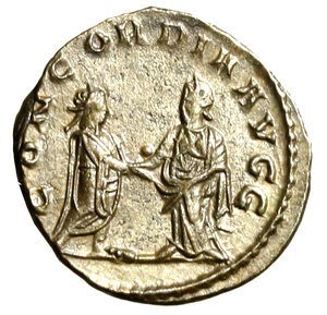 reverse: SALONINA (moglie di Gallieno) Antoniniano per Samosata (g. 3,57) SALONINA AVG, Busto diad. a ds. su crescente R/ Gallieno e Salonina si stringono la mano. RIC 63.   AR    RARO   SPL