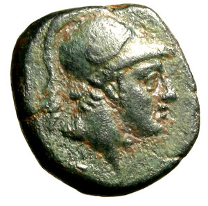 obverse: PONTOS. Amisos (Mitridate VI Eupator 100-85 a. C.) AE. Testa elmata di Ares a ds. R/ Spada nel fodero. Malloy 32d; SNG BM 1051    AE    (g. 9,10)    qSPL   bellissima patina verde  