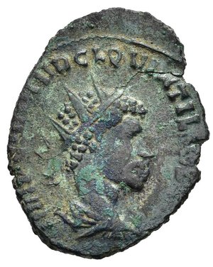 obverse: QUINTILLO (270). Roma. Antoniniano. MI (2,79 g). D/ IMP C M AVR CL QVINTILLVS AVG, busto radiato, drappeggiato e corazzato a destra, visto di spalle; R/ MARTI PACIF, Marte incedente, regge ramoscello, scudo e lancia, in esergo X. RIC V.1 24. BB. nr.reg.601/24