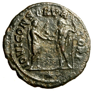 reverse: AURELIANO (270-275) Antoniniano. IMP AVRELIANVS AVG, Busto rad a ds. R/ IOVI CONSERVATORI, Aureliano riceve da Giove un globo sormontato da vittoria. RIC 1260     AE    BB