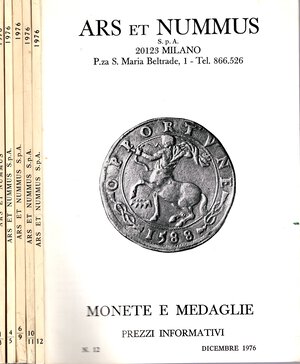 obverse:  ARS et NUMMUS. Nascia Giuseppe. Listini a prezzo fisso anno 1976. 5 fascicoli completo. Monete greche, romane medioevali, in oro, argento e bronzo. Tutti con tavole di illustrazioni.  brossura ed. buono stato. ottima documentazione per la ricerca delle provenienze. no resi