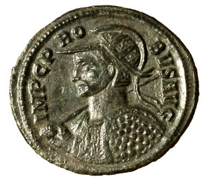 obverse: PROBO (276-282) Antoniniano per Cizico. Busto elmato a sn. con lancia sulla spalla e scudo R/ Probo a cavallo verso sn., calpesta un prigioniero. RIC 904. AE arg    (g. 3,31)  +SPL
