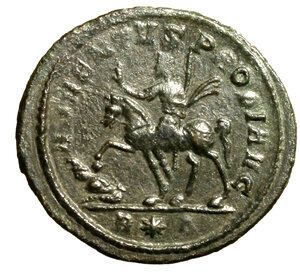 reverse: PROBO (276-282) Antoniniano per Cizico. Busto elmato a sn. con lancia sulla spalla e scudo R/ Probo a cavallo verso sn., calpesta un prigioniero. RIC 904. AE arg    (g. 3,31)  +SPL
