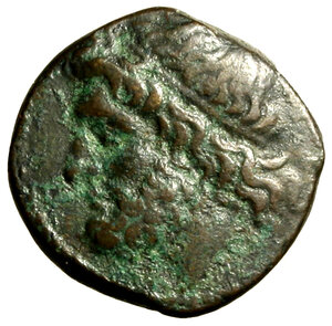 obverse: SICILIA, Siracusa. Gerone II  (275 - 215 aC) Litra. (20 mm, g. 6.35) Testa di Poseidone a sn. con tainia. R/ Tridente tra due delfini. SNG Cop. 850   AE    +BB