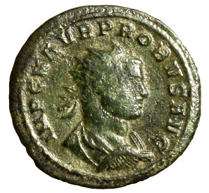 obverse: PROBO (276-282) Antoniniano per Serdica (23 mm, g. 3.17) IMP C M AVR PROBVS AVG Busto rad., drapp. e corazz. a ds. R/ PROVIDEN DEOR / ✱ / B Fides, tra due insegne di fronte al Sole, con globo e mano alzata. Cohen 472. RIC 845. MOLTO RARO    AE    +BB