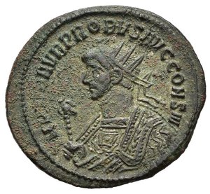 obverse: PROBO (276-282). Ticino. Antoniniano. 281. MI (4,81 g). D/ IMP C M AVR PROBVS AVG CONS III, busto radiato, in abiti consolari a sinistra, regge scettro aquilifero; R/ PROVIDENT AVG / Q, la Providentia regge globo e scettro, in esergo SXXIT. RIC V.2 493. mBB. nr.reg.601/24