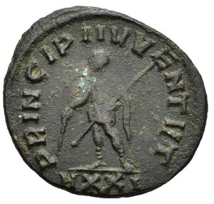 reverse: NUMERIANO (283-284). Ticino. Antoniniano riformato. AE (3,48 g). D/ M AVR NVMERIANVS NOB C, busto radiato e drappeggiato a destra, visto di spalle; R/ PRINCIPI IVVENTVT Pax regge ramoscello d ulivo e insegna, in esergo VXXI. RIC Vb, 366. BB. nr.reg.601/24