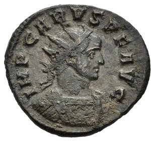 obverse: CARO (282-283). Ticino. Antoniniano riformato. AE (4,14 g). D/ IMP CARVS P F AVG, busto radiato e corazzato a destra, con drappeggio sulla spalla; R/ PAX EXERCITI, Pax regge ramoscello d ulivo e insegna, in esergo PXXI. RIC Vb, 75. BB. nr.reg.601/24